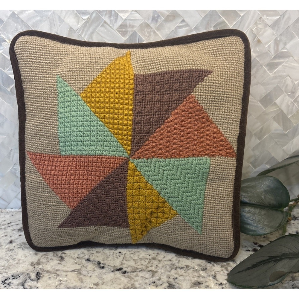 Vintage Pinwheel Needlepoint Geometric Throw Pillow With‎ Velvet Back Homemade